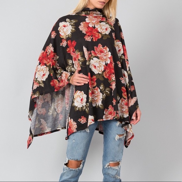 Floral Turtleneck Poncho Sweater Top - Picture 1 of 4
